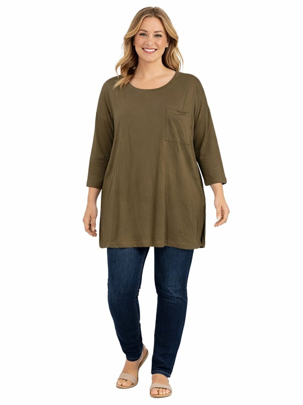 Eileen Fisher Olive Green Tunic Top Women Medium Long Sleeve Pocket Minimalist